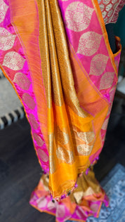 Pure Silk Brocade Banarasi - Mustard Yellow Orange Khadhua Woven