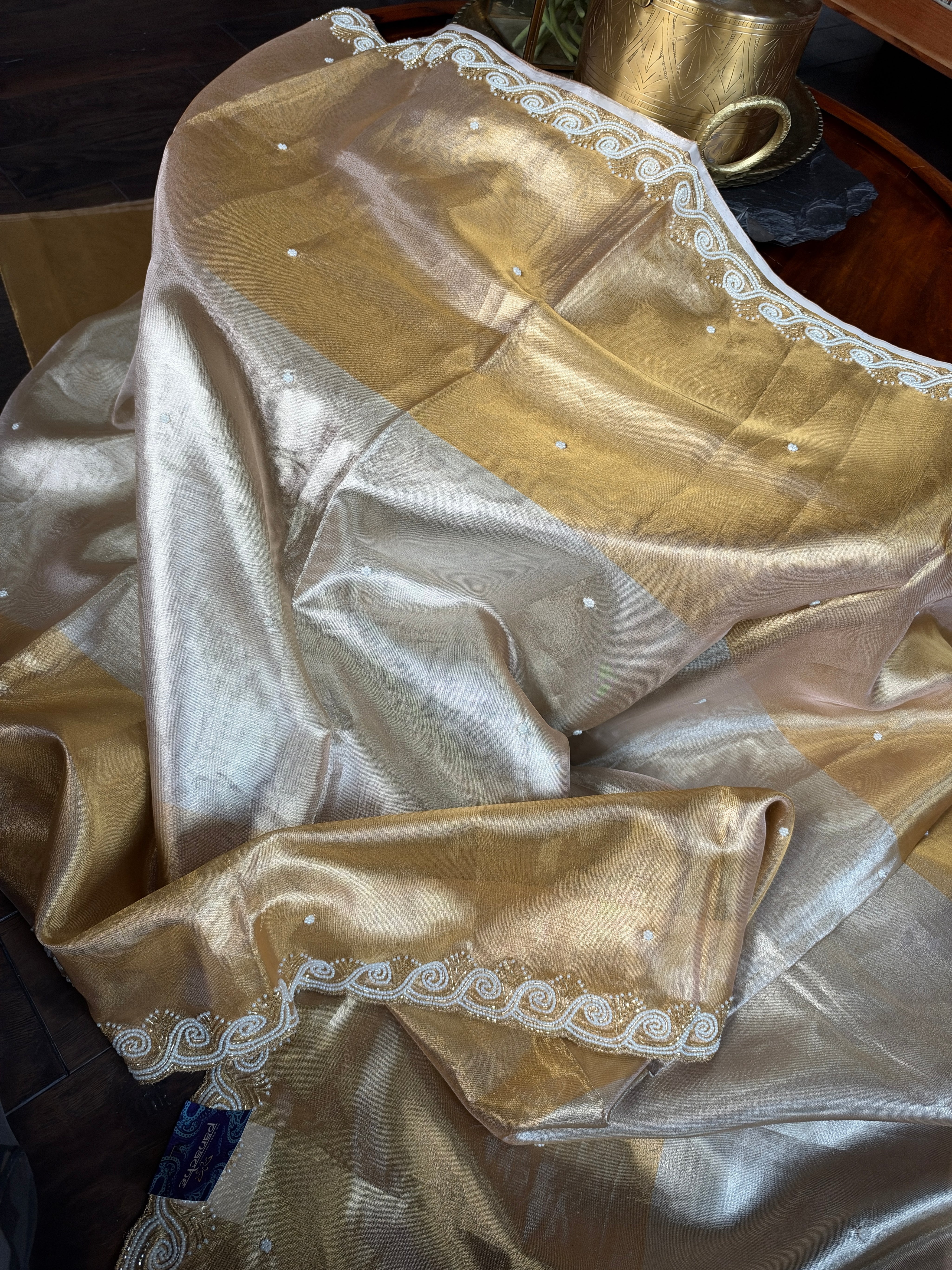Designer Tissue Silk - Silver Golden Embroidered