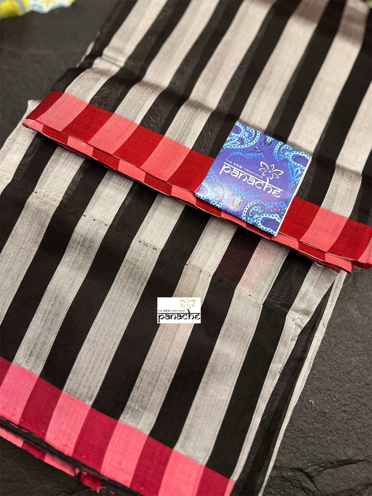 Pure Chanderi Pattu Silk - Black Silver Zari Striped woven