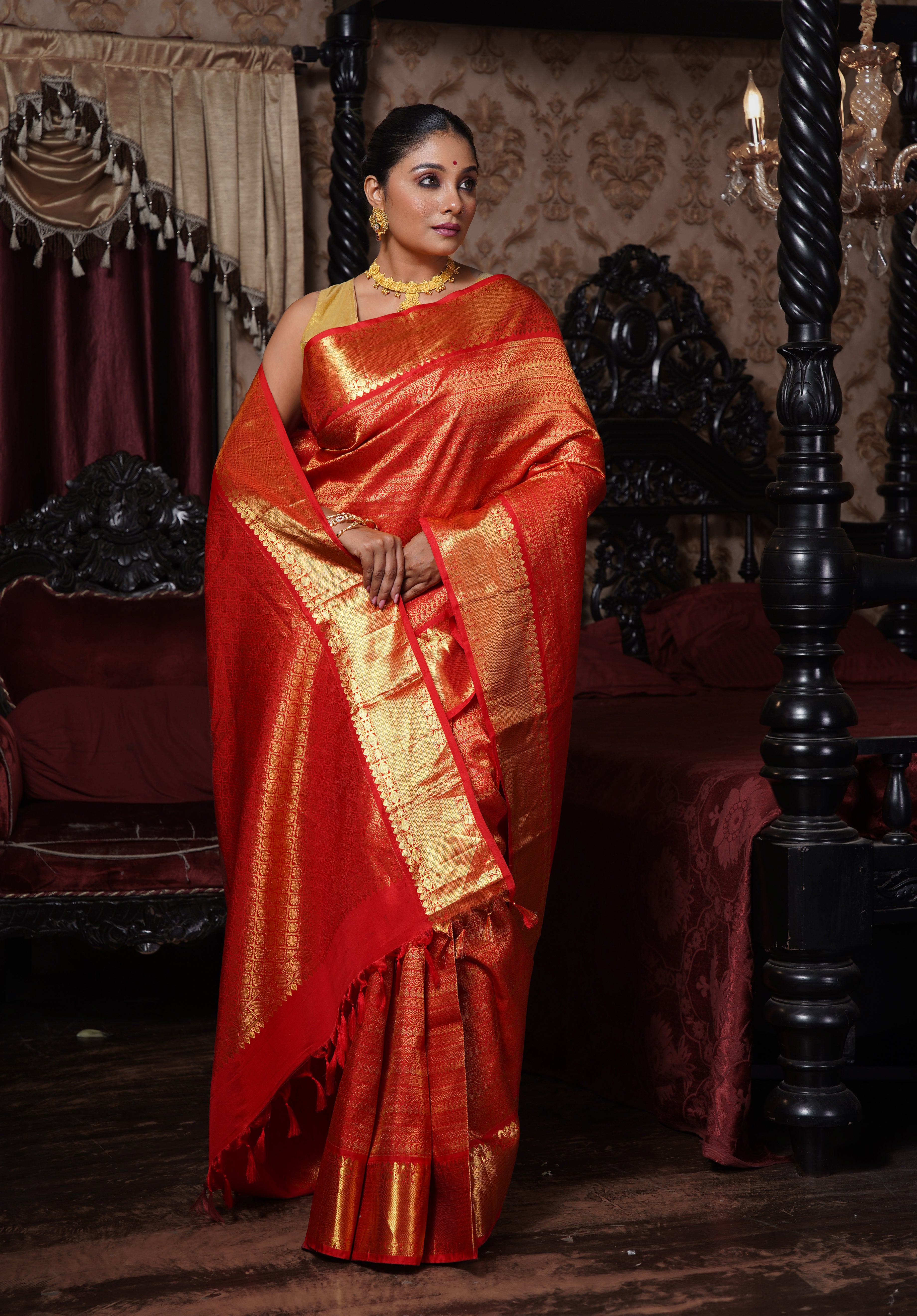 Pure Silk Broade Kanjivaram - Red Pure Zari Woven