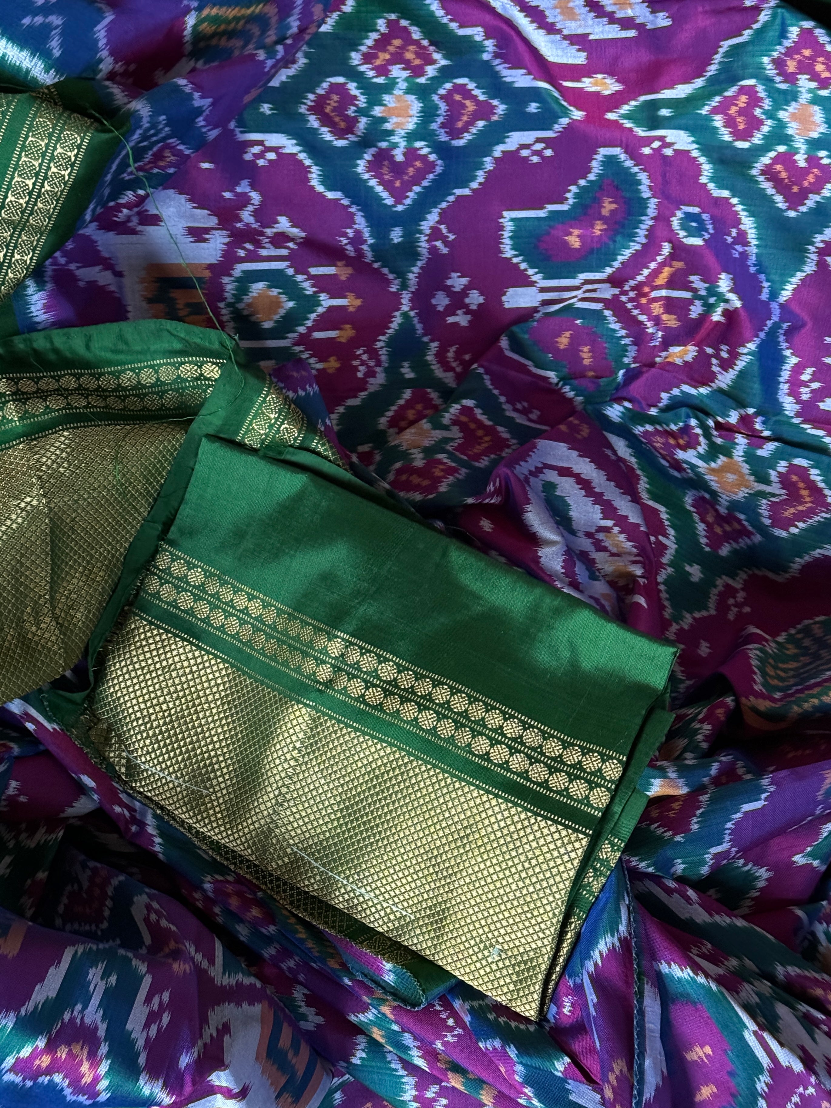 Pure Silk Ikat -  Green Magenta Pochampally