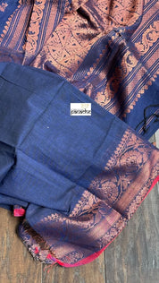 Pure Khadi Cotton Handloom - Navy Blue Red Copper Zari (Copy)