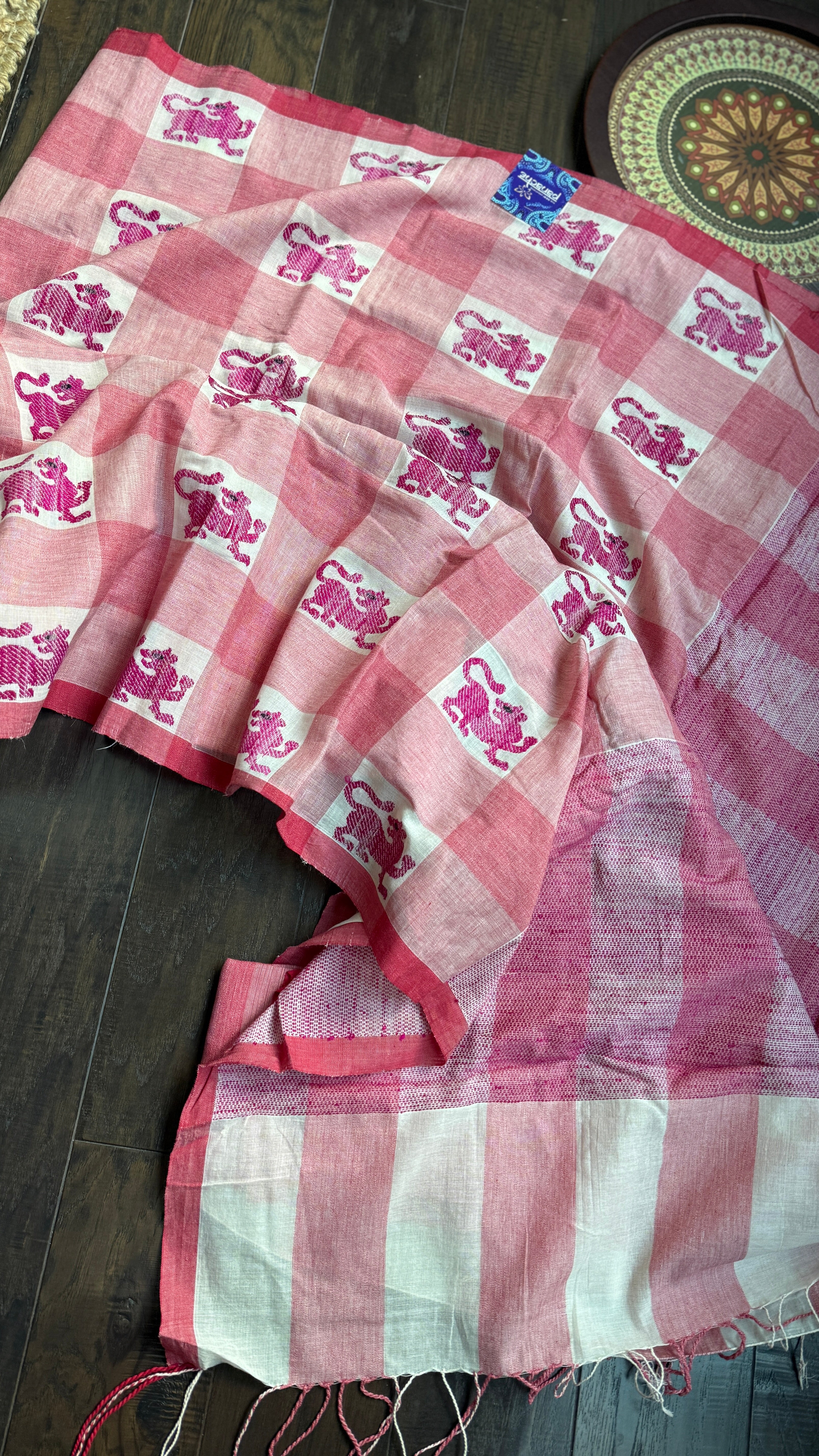 Exclusive Pure Khadi Cotton Checks - Red White Pink Lion Motif Woven