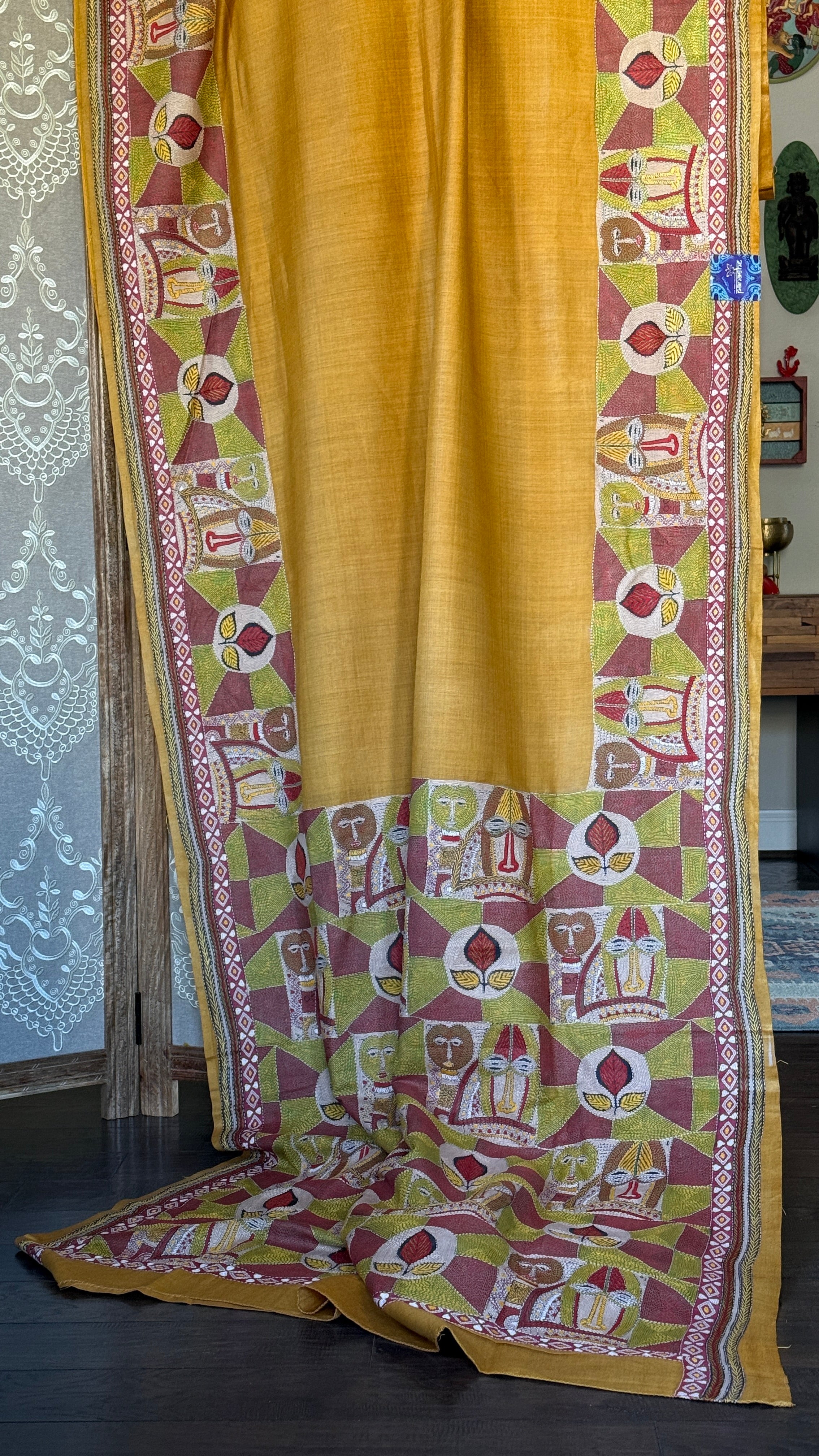 Pure Tussar Silk Kantha Stitch -  Yellow Mask