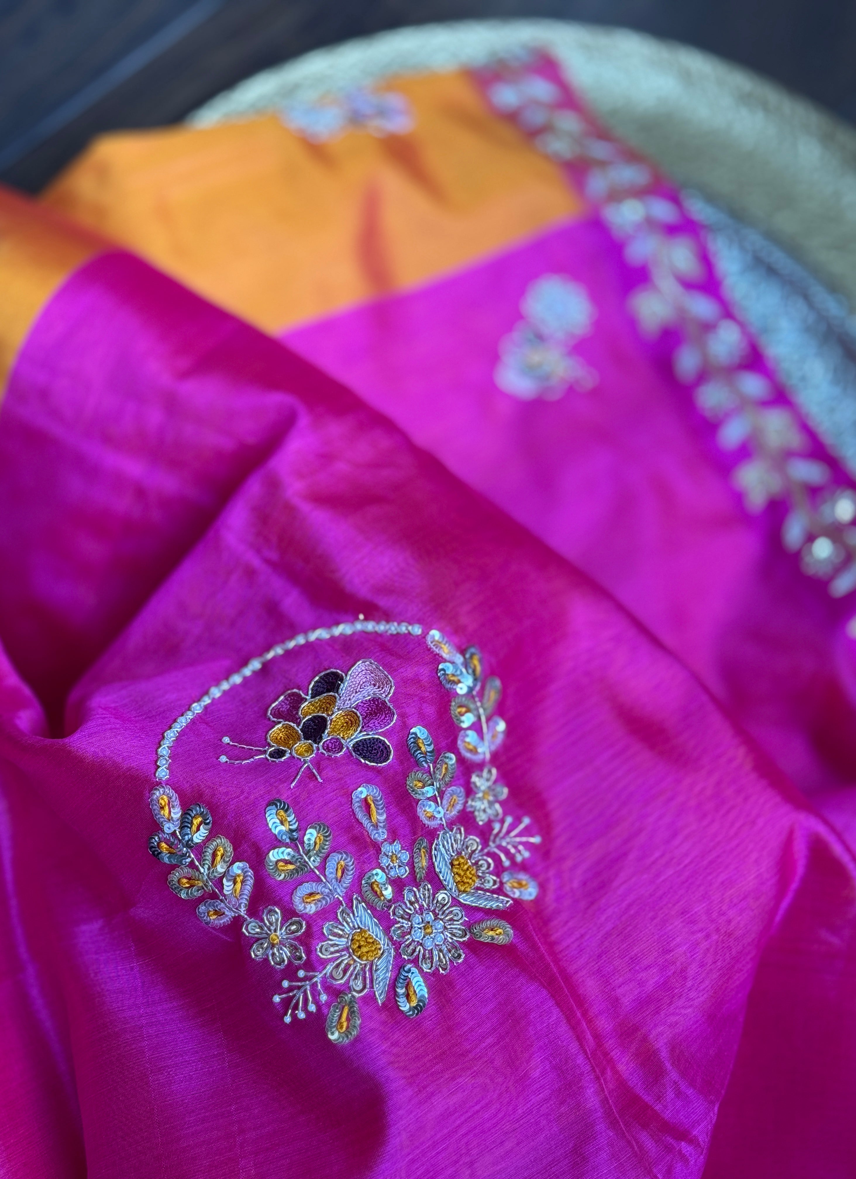 Hand Zardozi Pure Chanderi Pattu Silk - Orange Pink Woven