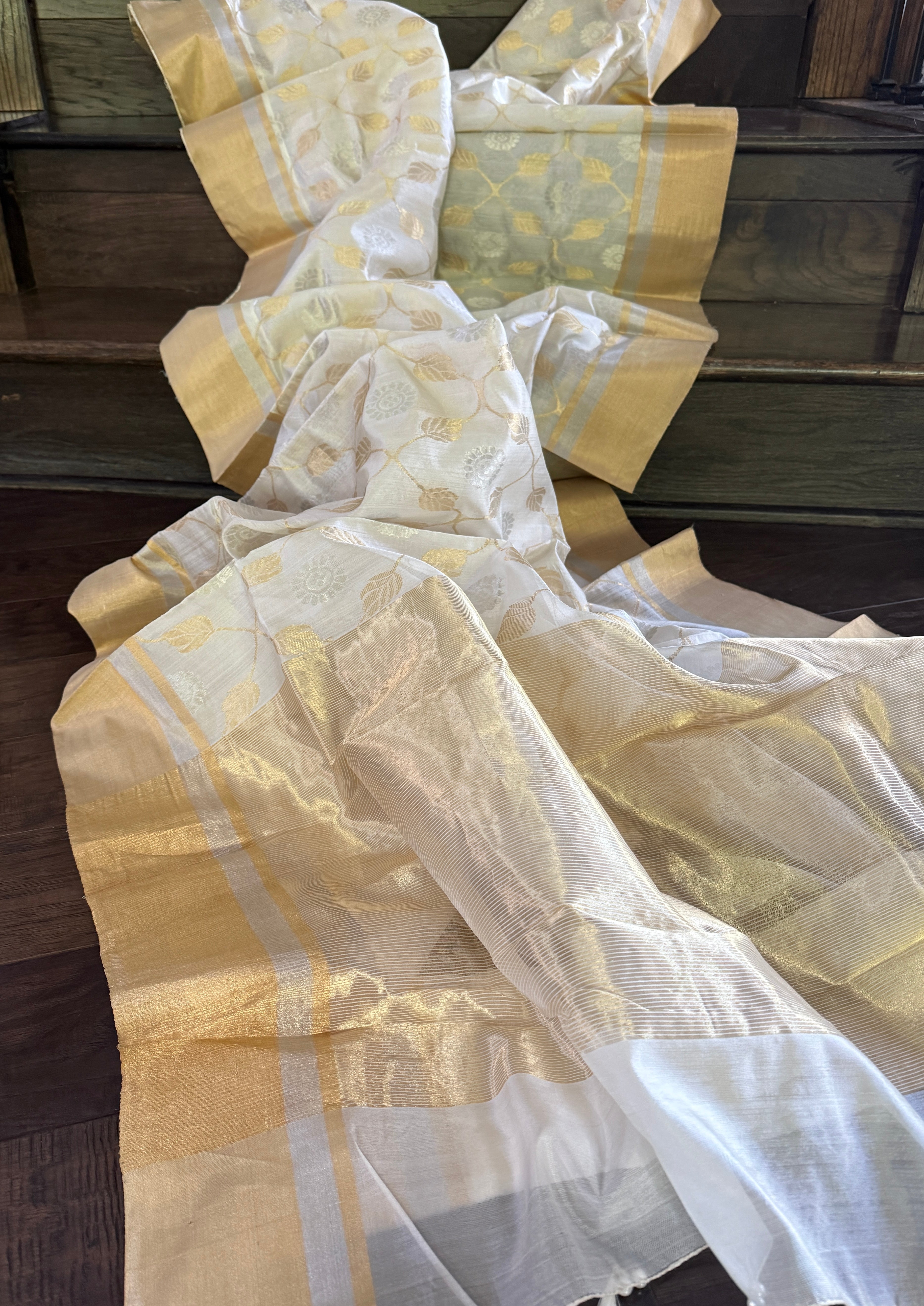 Pure Chanderi Pattu Silk - Off White Jaal woven