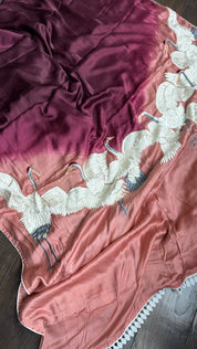 Designer Crepe Satin Silk Shaded - Wine Color Parsi Gara embroidered