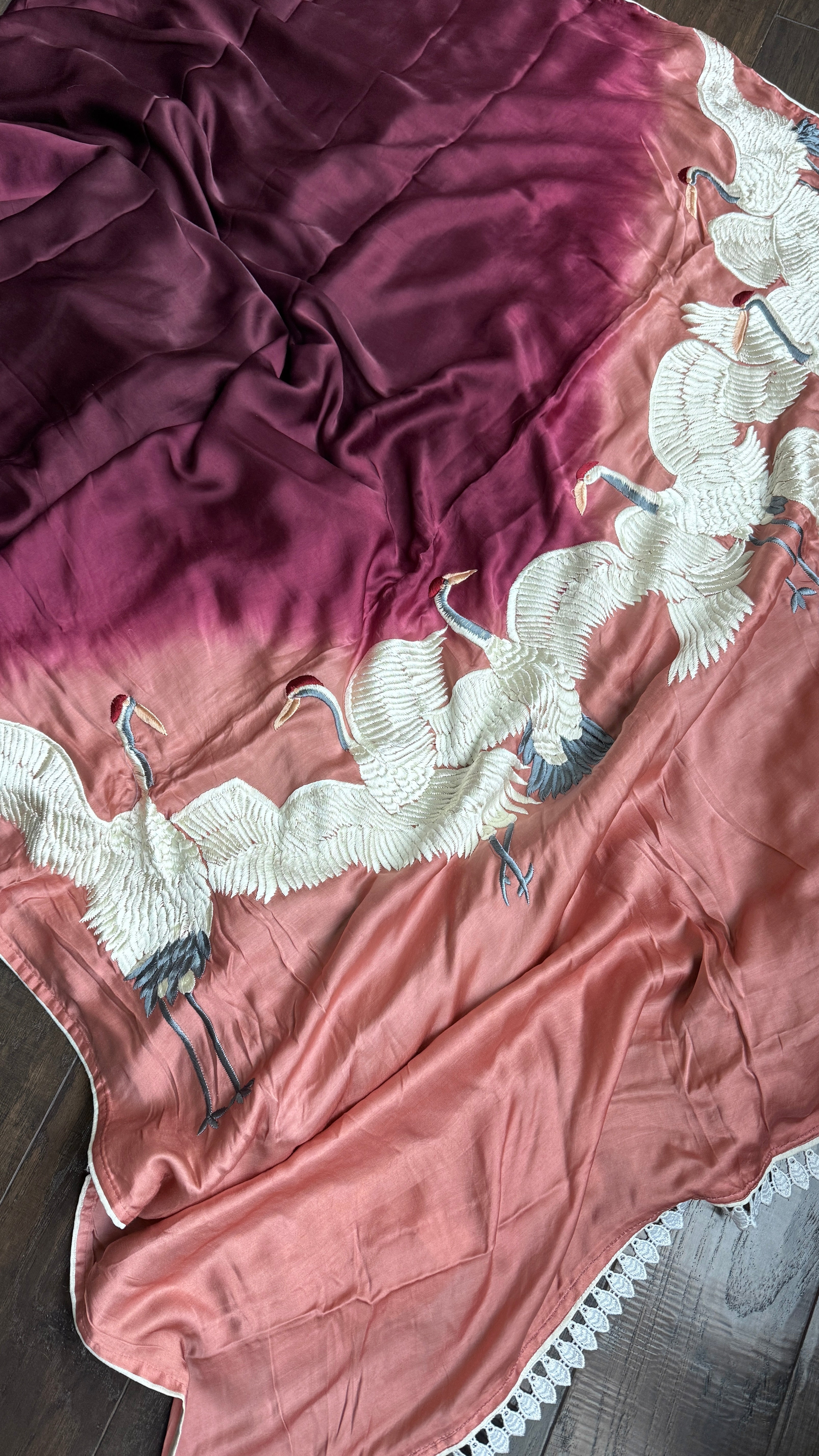 Designer Crepe Satin Silk Shaded - Wine Color Parsi Gara embroidered