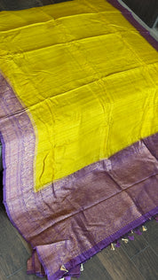 Tussar Silk Banarasi - Lemon Ochre Purple Antique Zari