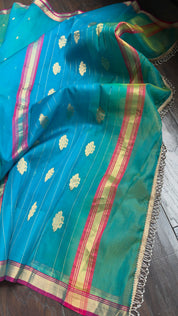 Pure Chanderi Organza Silk - Firozi and Green Shaded