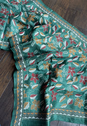 Pure Tussar Silk Kantha Stitch -  Dark Green Multi Color