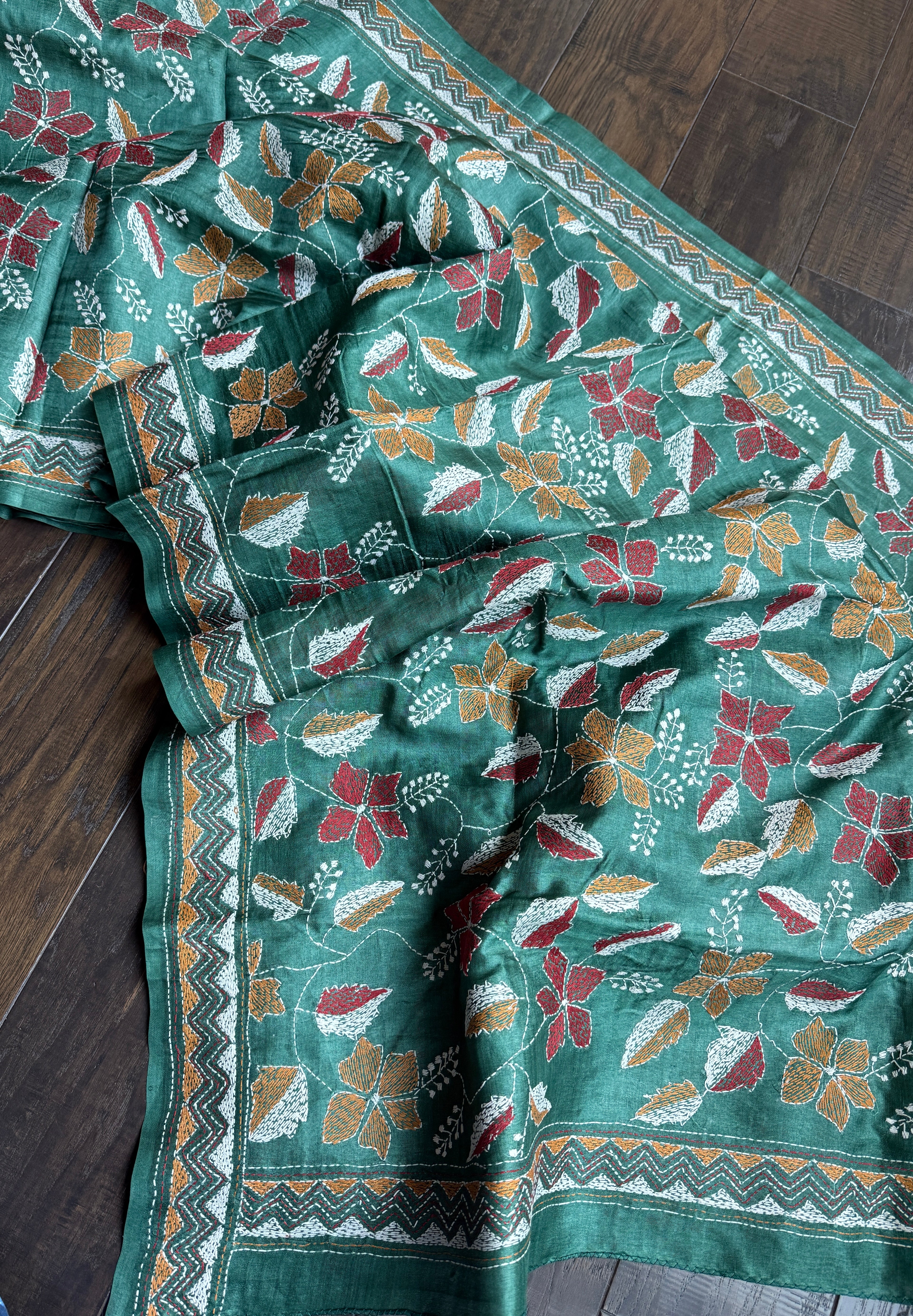 Pure Tussar Silk Kantha Stitch -  Dark Green Multi Color