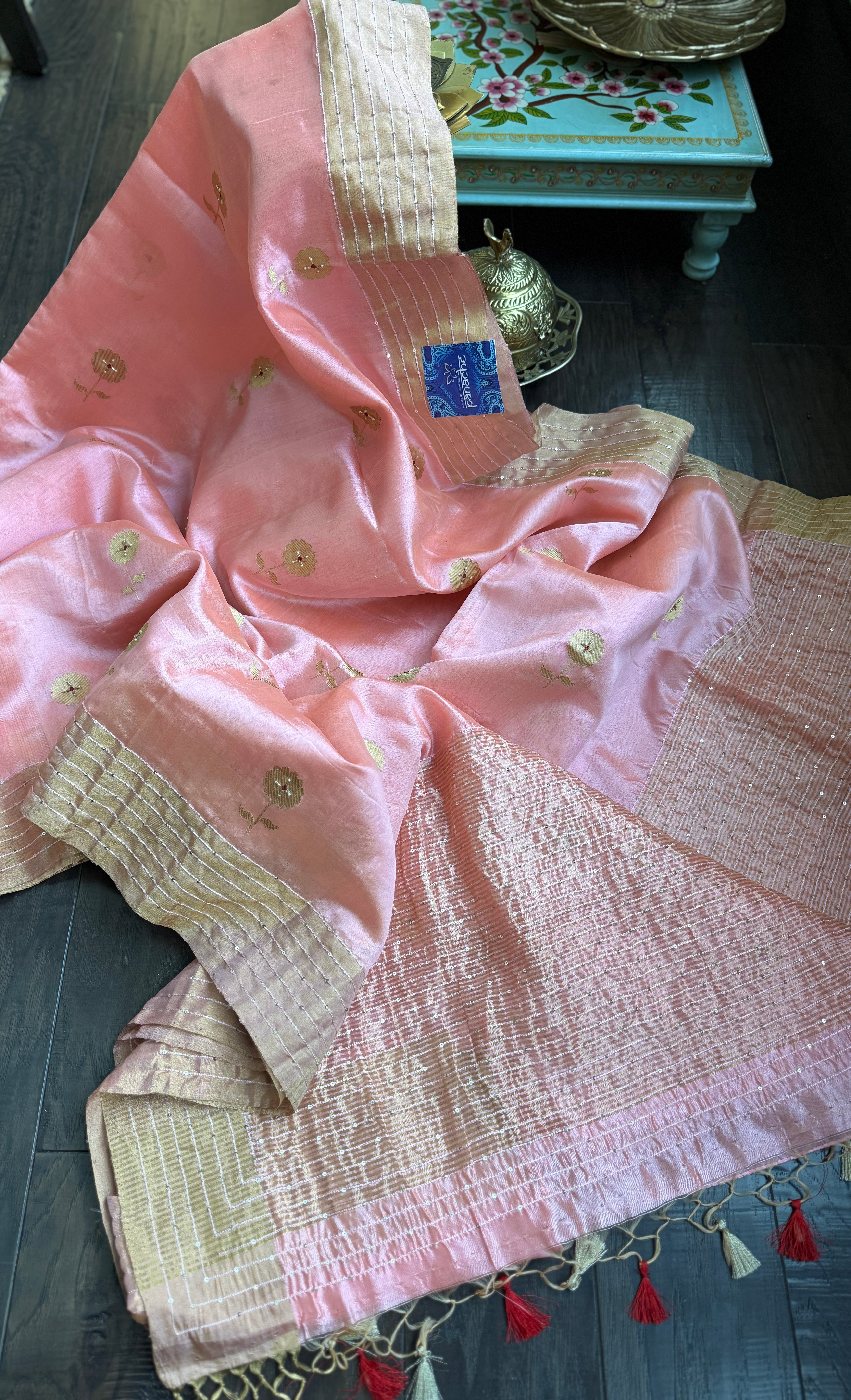 Hand Zardozi Pure Chanderi Pattu Silk - Blush Pink Eknaliya Woven