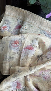 Floral Linen Silk Banarasi - Light Wheat Digital Printed