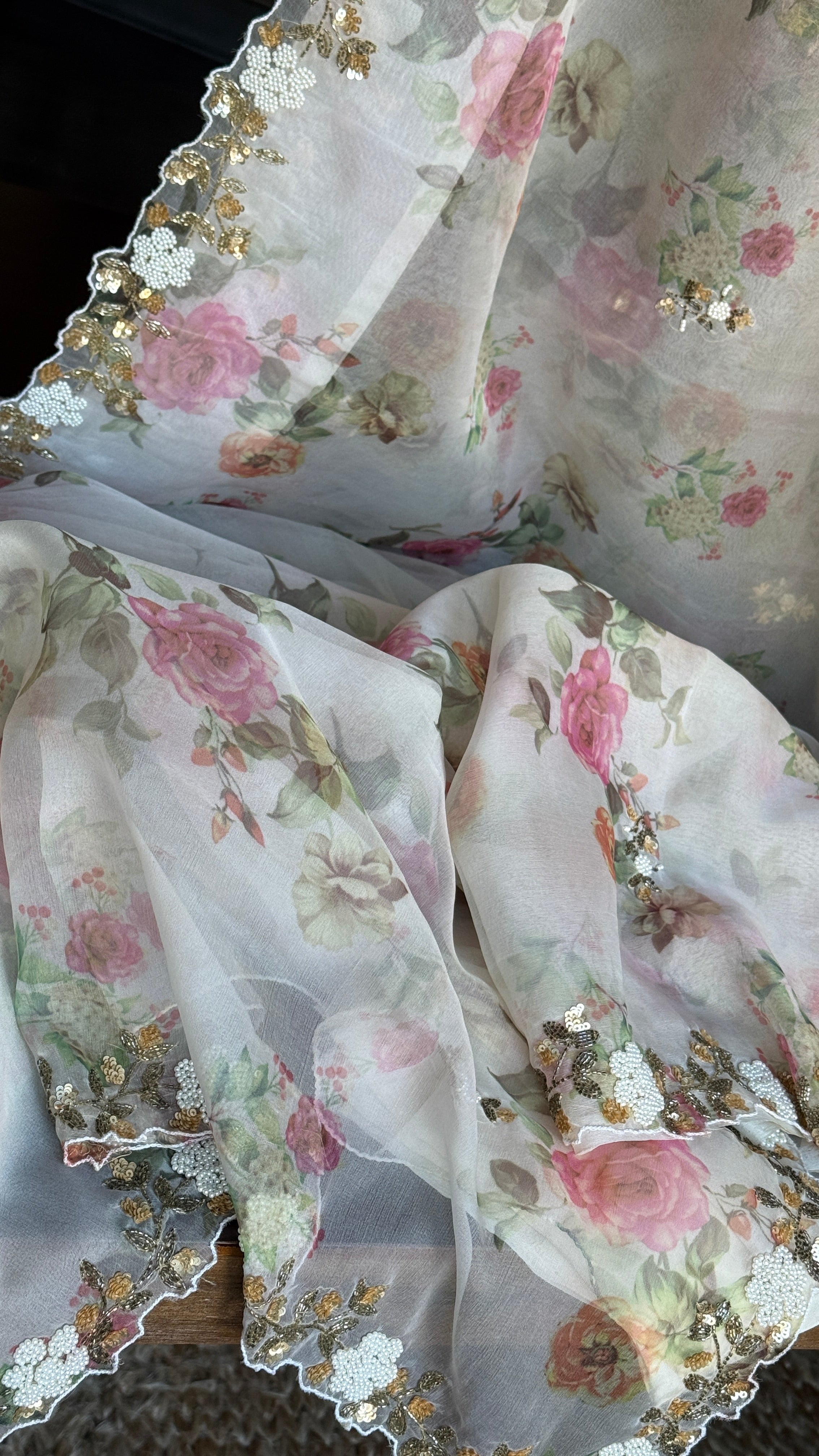 Designer Organza Floral - Cream Hand-embroidered Border