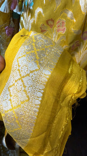 Khaddi Georgette Banarasi - Lime Yellow Meenakari