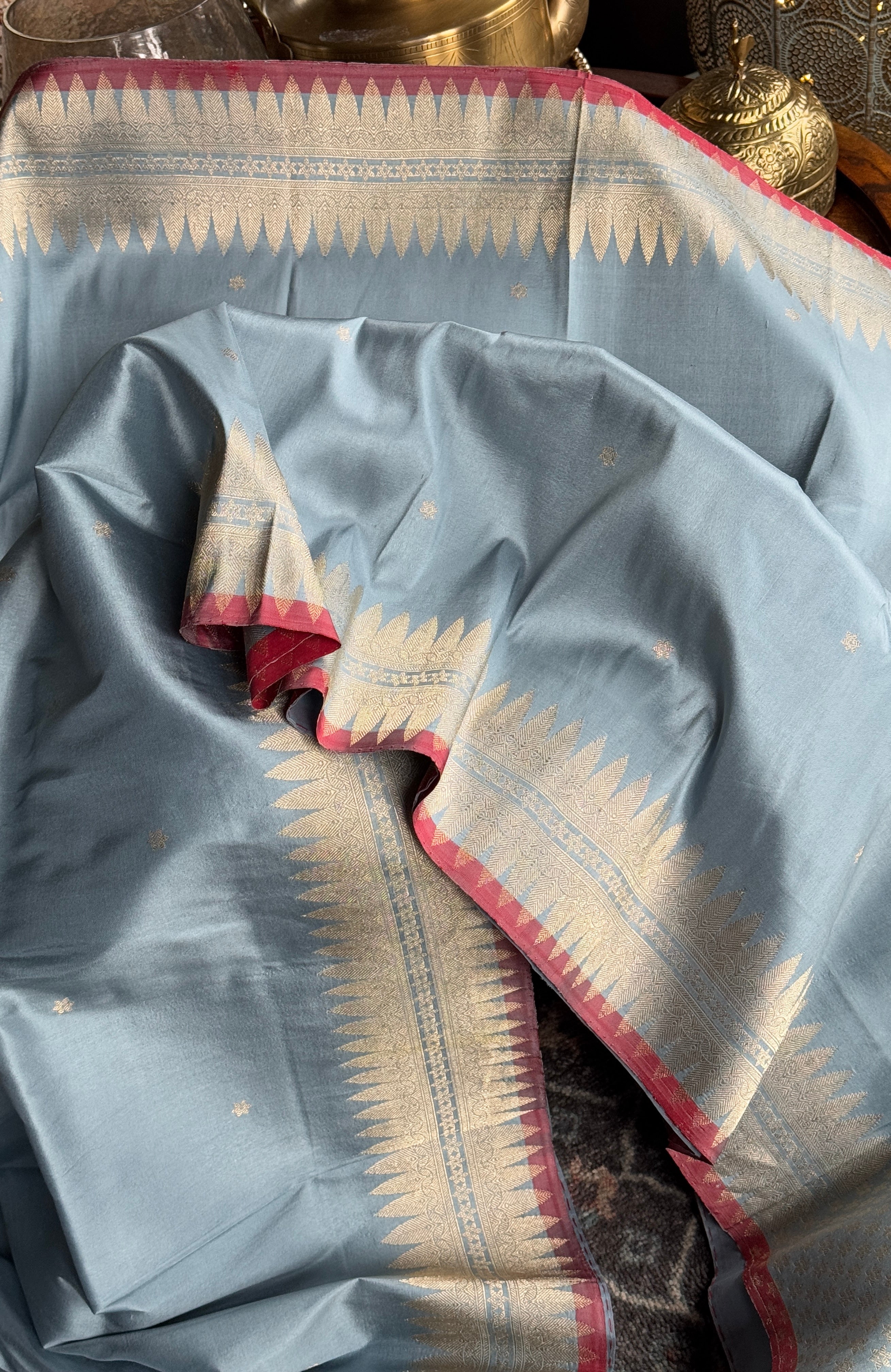 Katan Silk Banarasi - Soft Blue Grey Red Kadhua