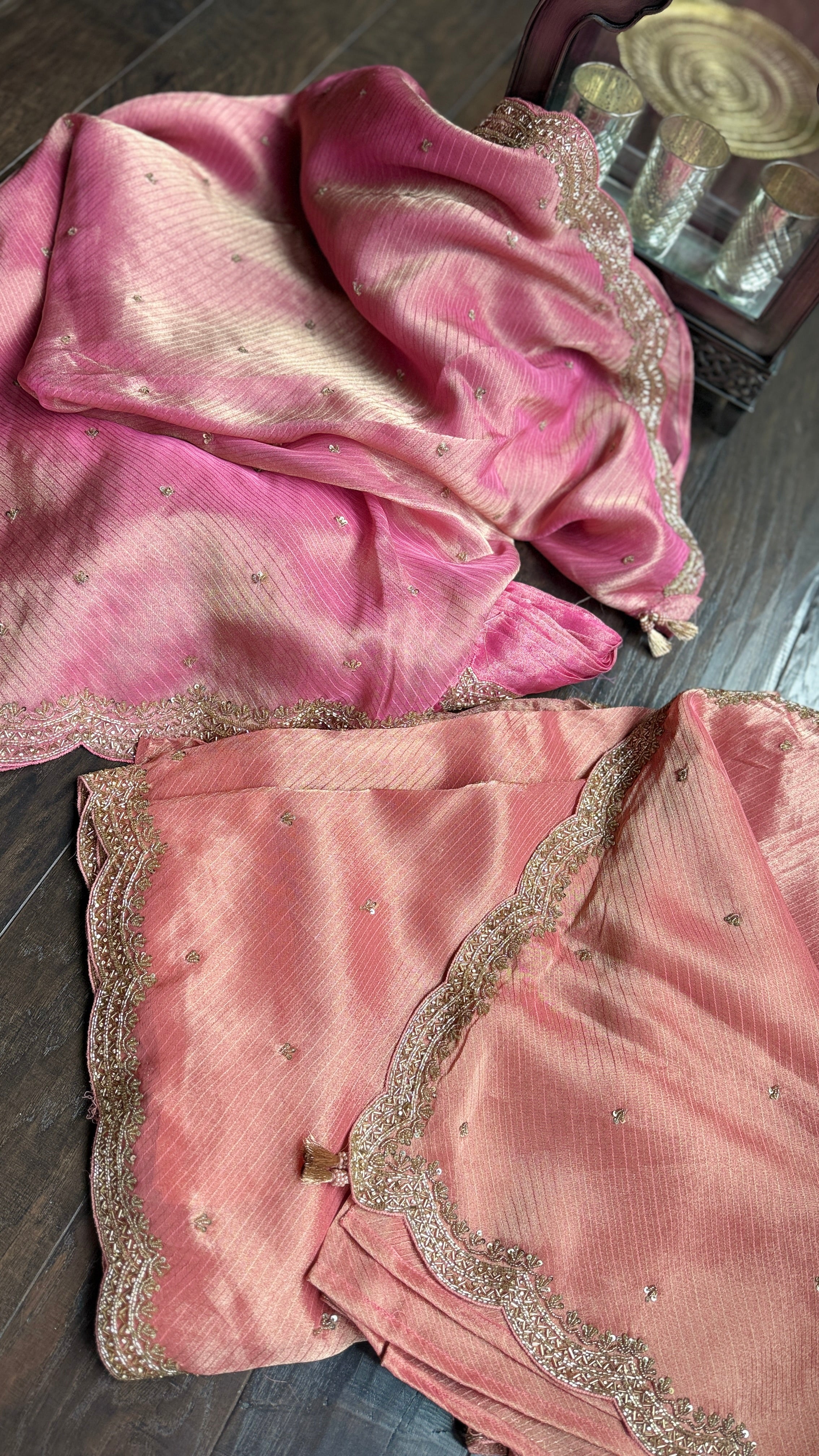 Designer Georgette Organza - Peach Pink Dual Shaded Scalloped Border
