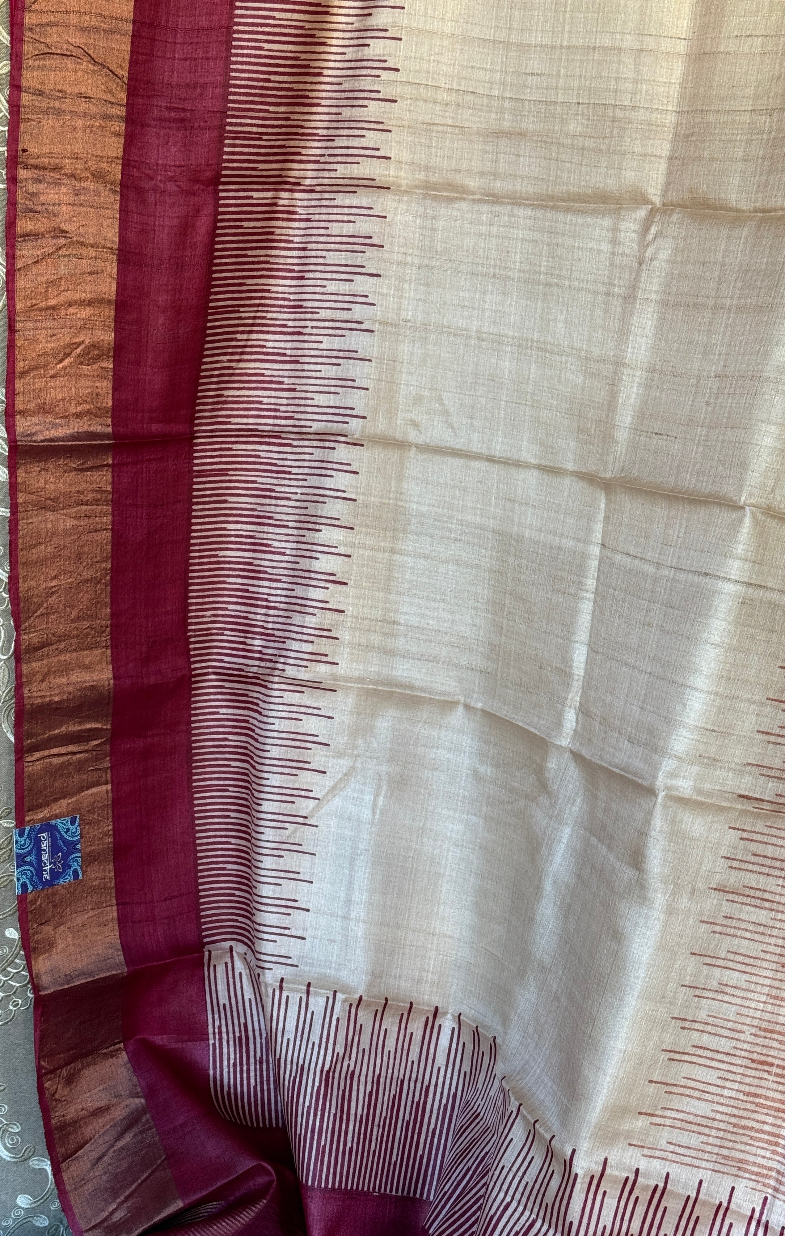 Pure Tussar Silk Hand Block Printed - Beige Rust Wine