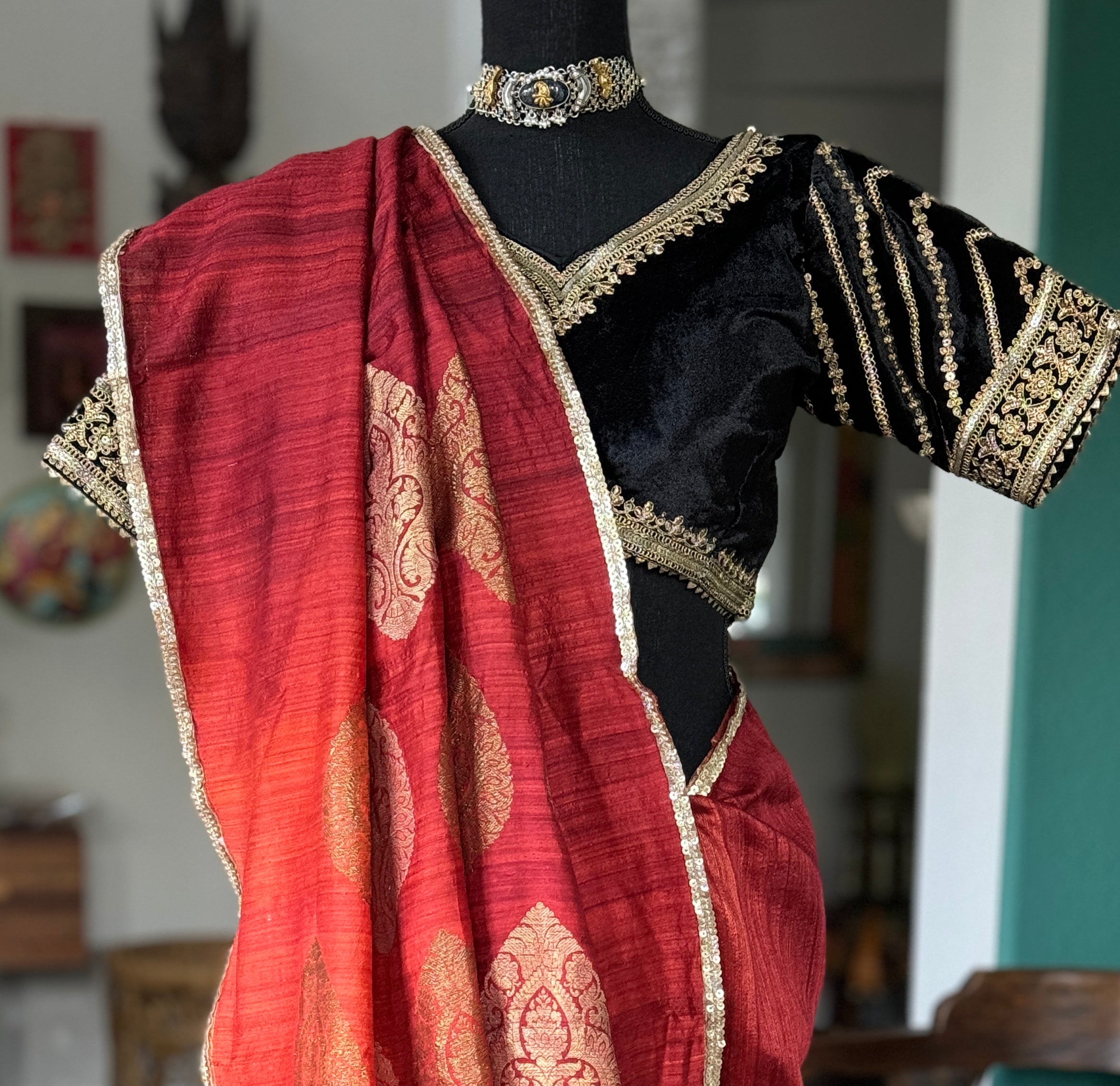 Designer Velvet Blouse - Black Gold Zari
