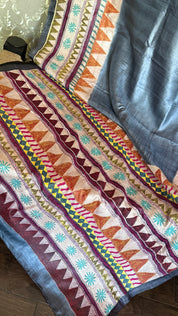 Pure Tussar Silk Kantha Stitch -  Grey Multi Color