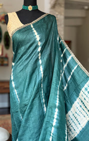 Designer Tussar Silk Shibori - Teal Green