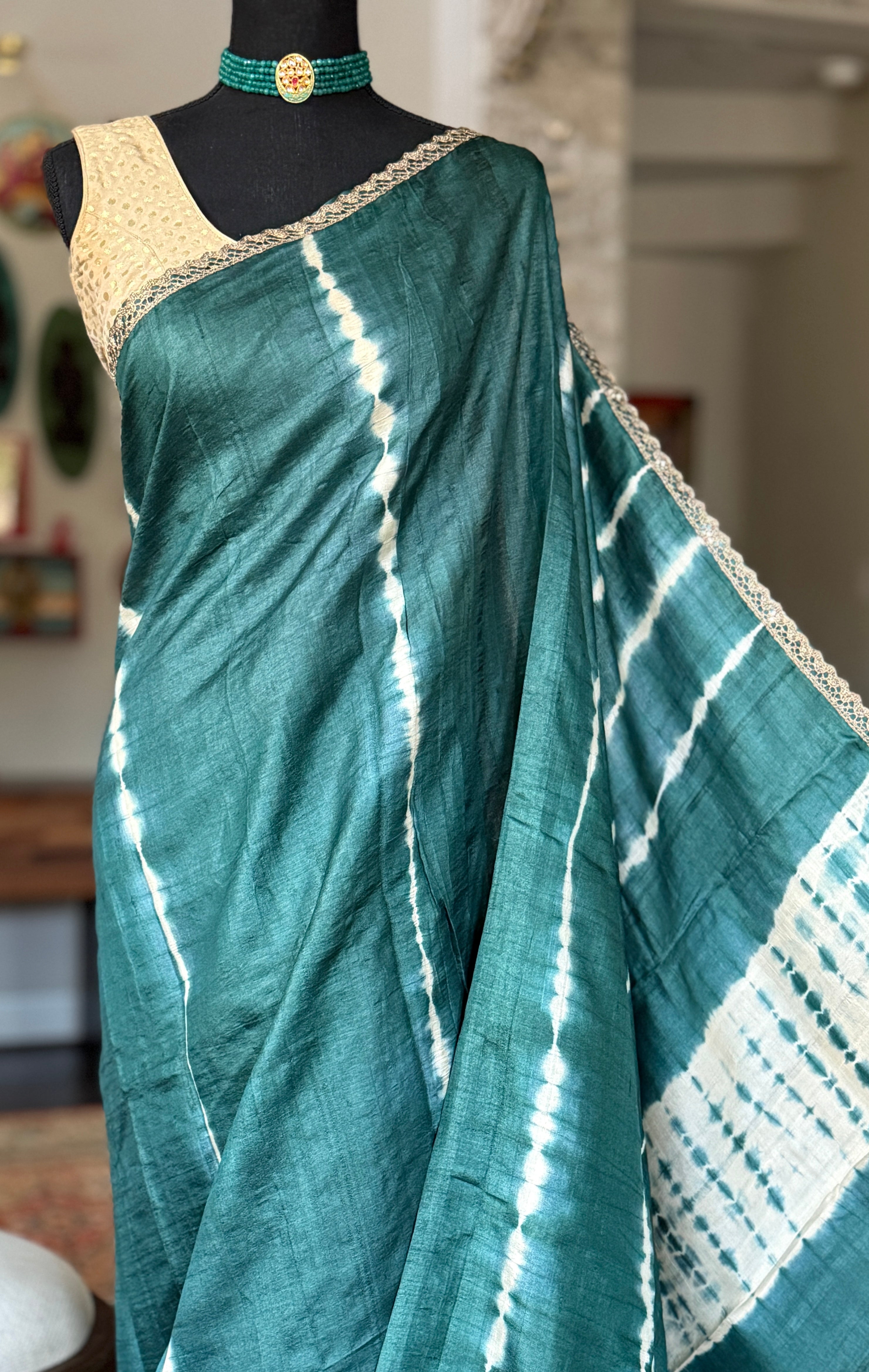 Designer Tussar Silk Shibori - Teal Green