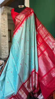 Pure Silk Gadwal - Light Blue Red Checkered