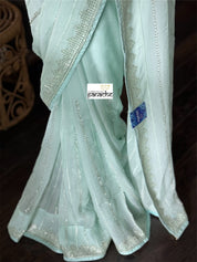 Designer Georgette Organza - Mint Hand Embroidered