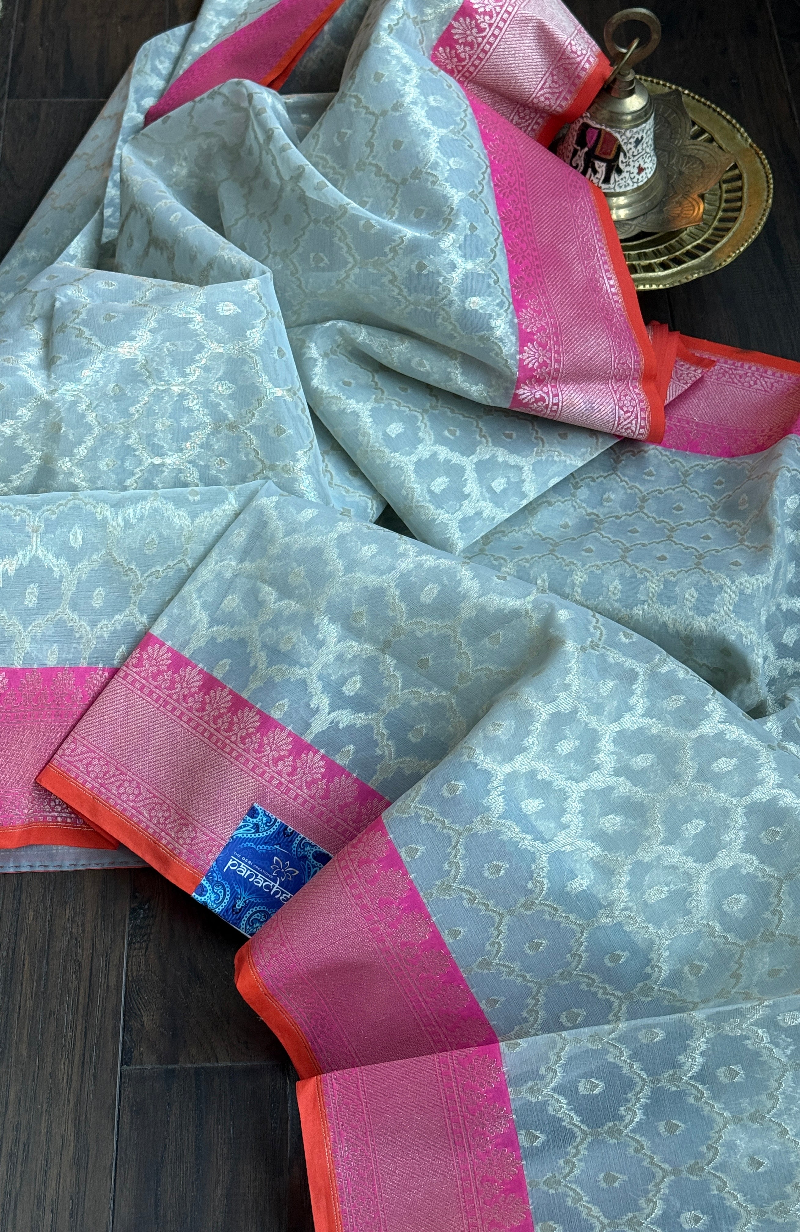 Kora Silk Banaras Chanderi - Grey Pink