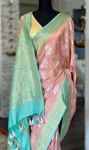 Tussar Georgette Banarasi- Peach Pink Sea Green
