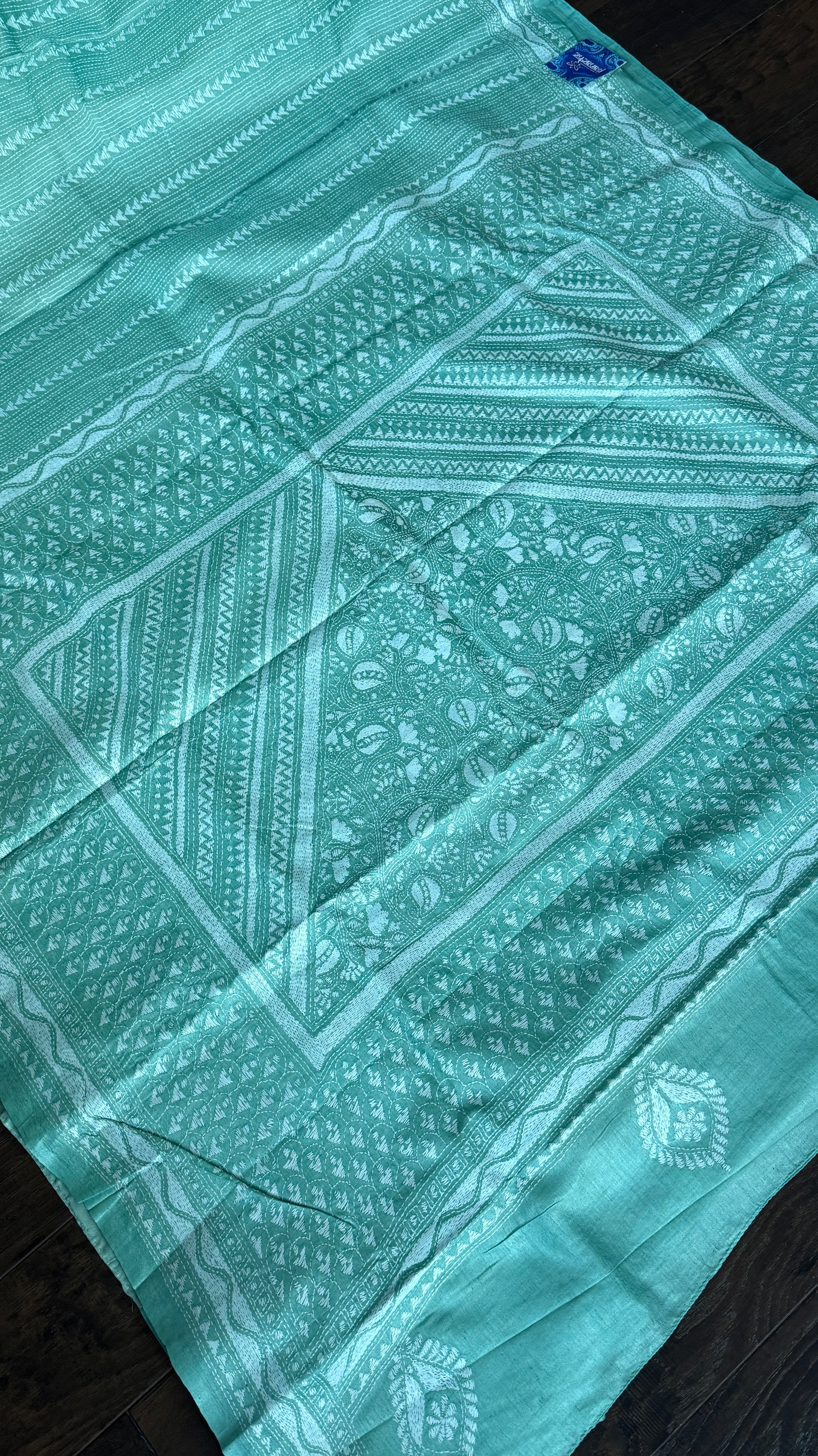 Pure Tussar Silk Kantha Stitch -  Mint