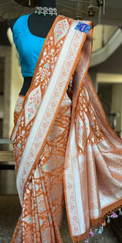 Khaddi Georgette Banarasi - Light Orange Hand Brush Painted