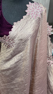 Designer Crushed Tissue Silk - Bronze Brown Appliqué Embroidered