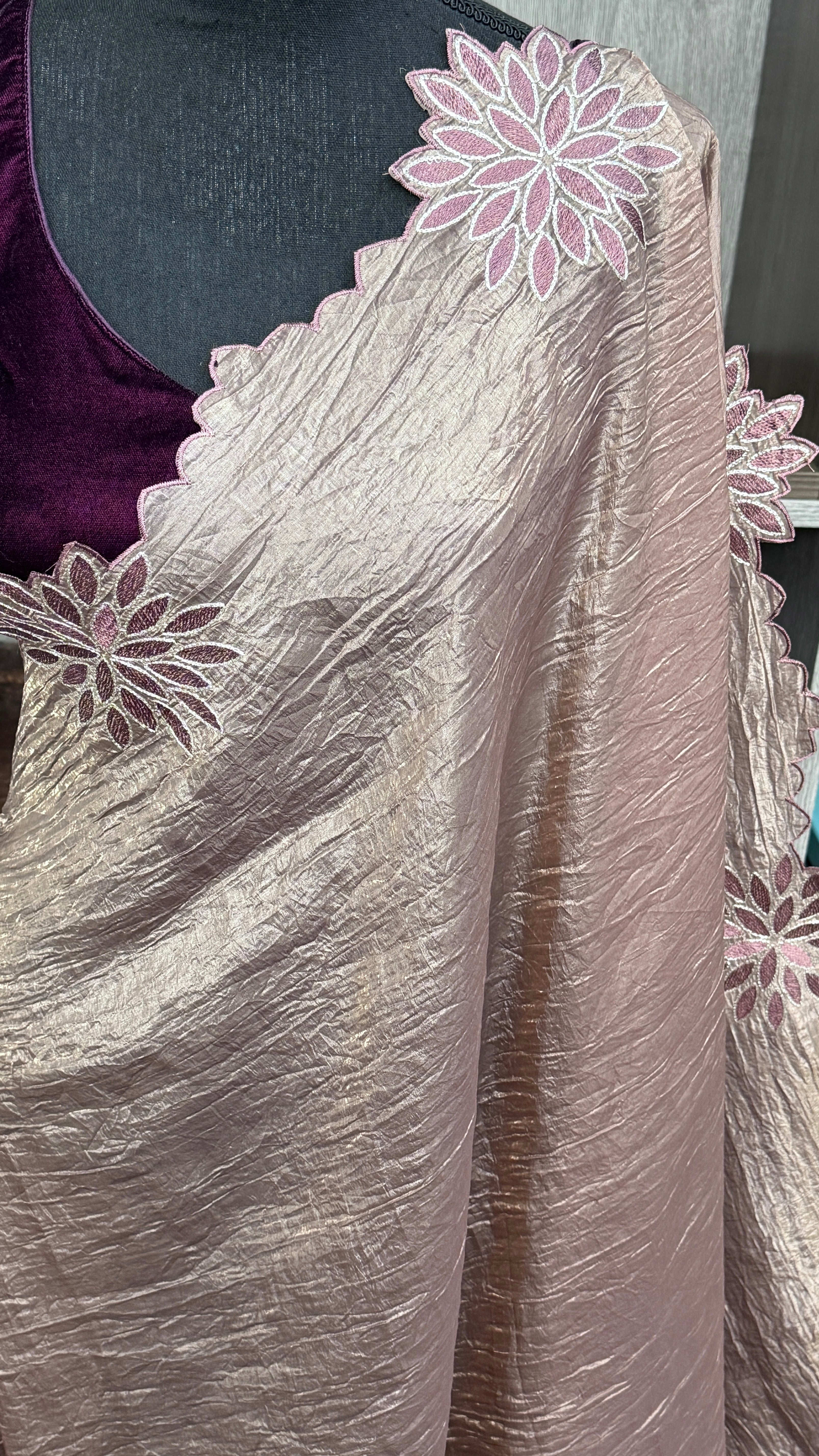 Designer Crushed Tissue Silk - Bronze Brown Appliqué Embroidered