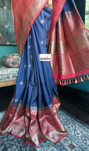 Pure Tassur by Katan Silk Banarasi - Navy Blue Red