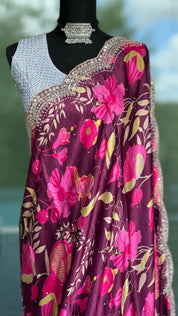 Designer Crepe Satin - Wine Maroon Multi Color