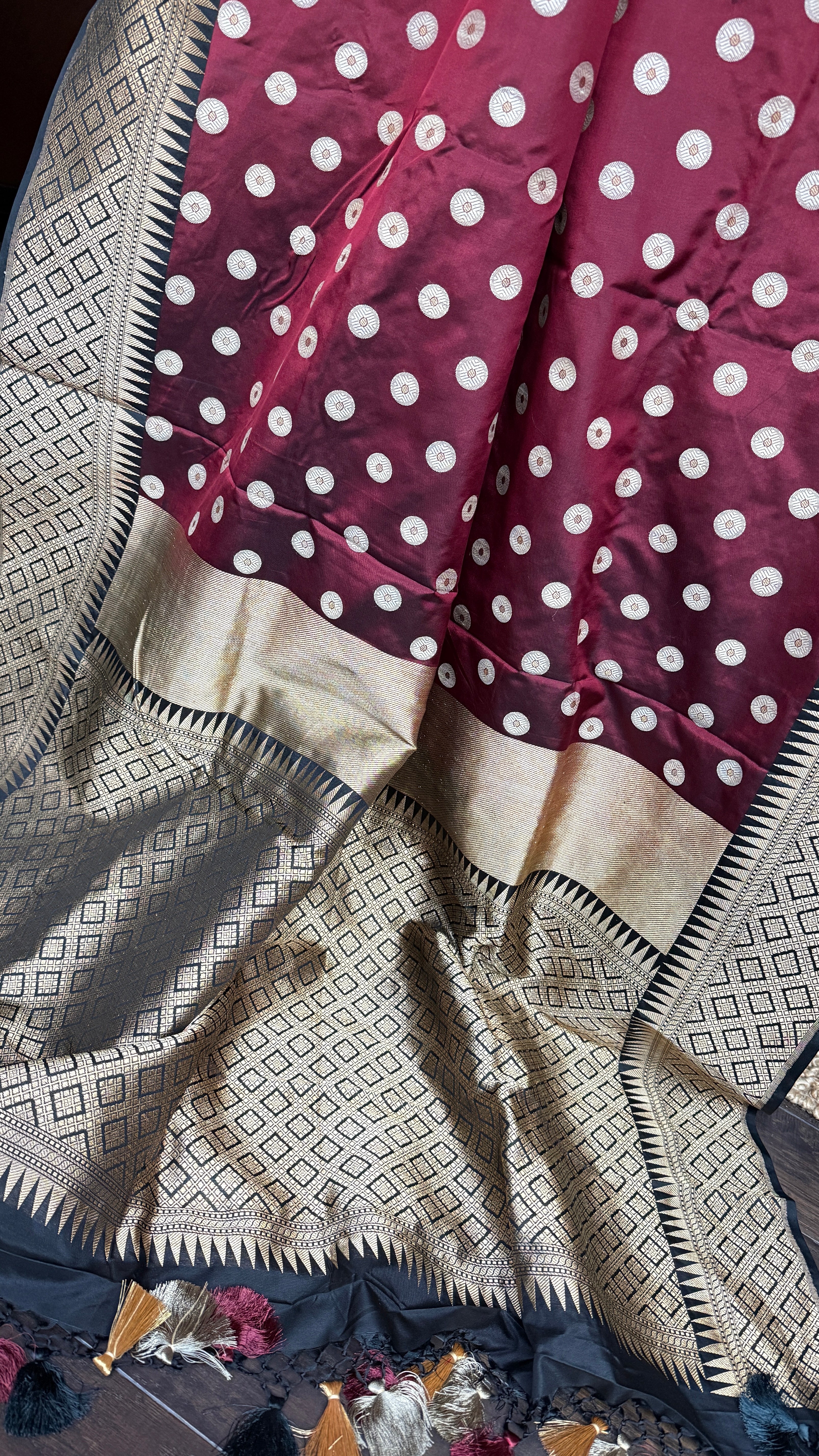 Pure Silk Katan Banarasi - Wine Maroon Black