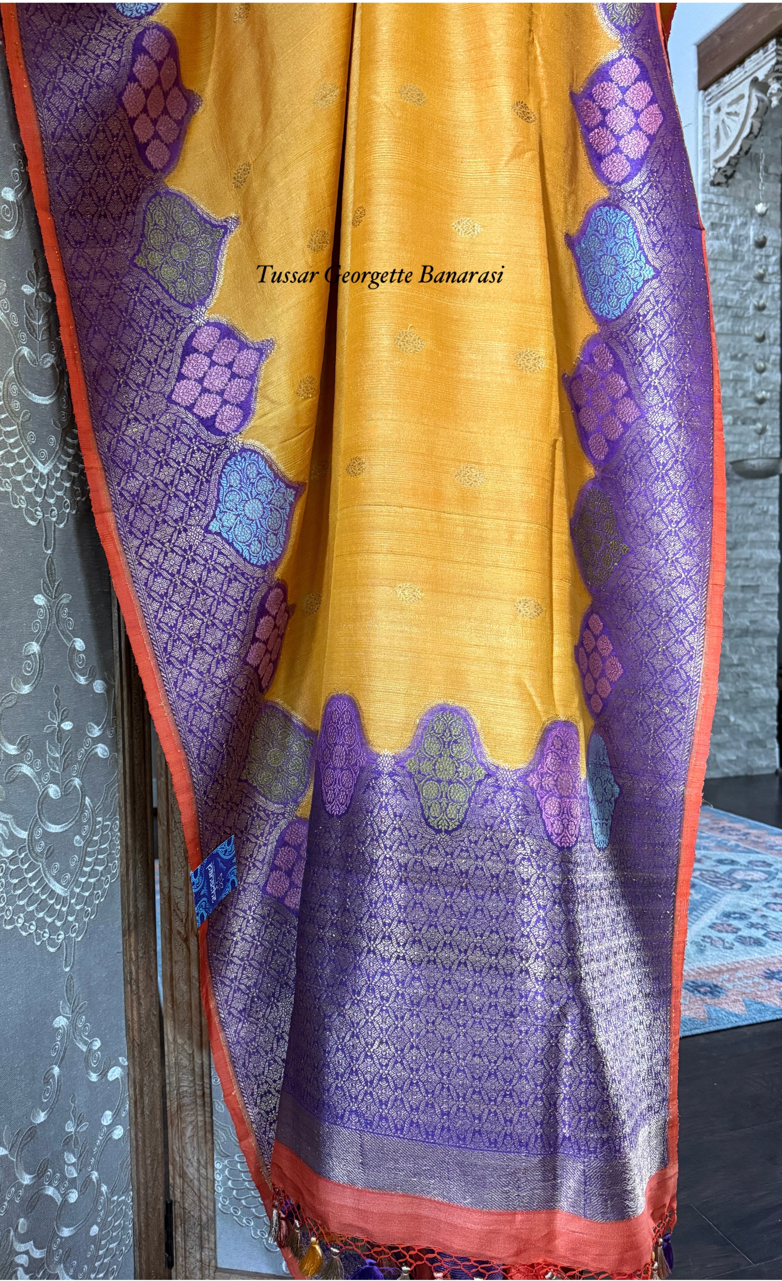 Tussar Georgette Banarasi - Mustard Yellow Purple