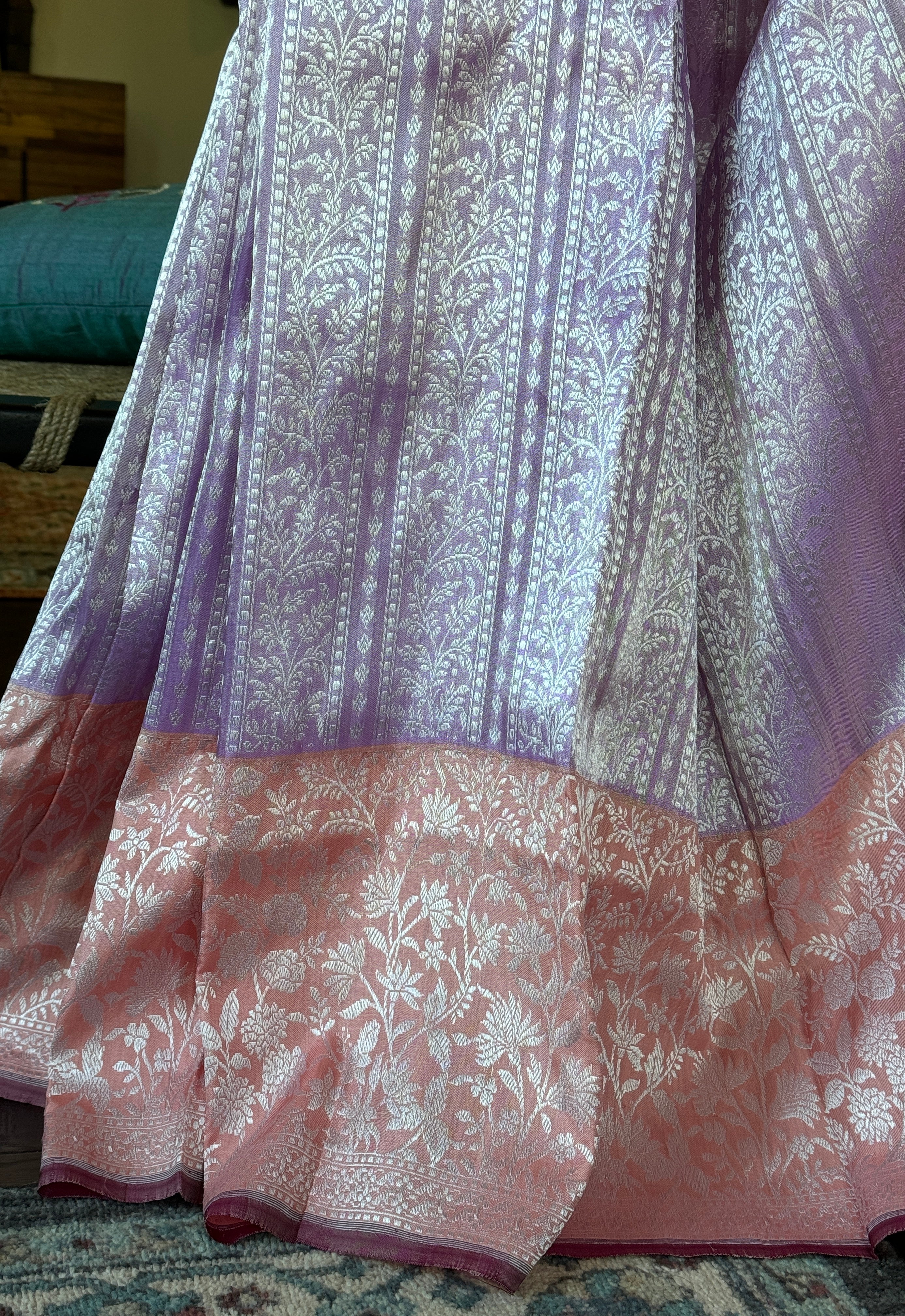 Pure Katan Tissue Silk Banarasi - Lavender Peach Tanchui