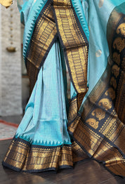 Pure Silk Gadwal - Aqua Sea Blue Black