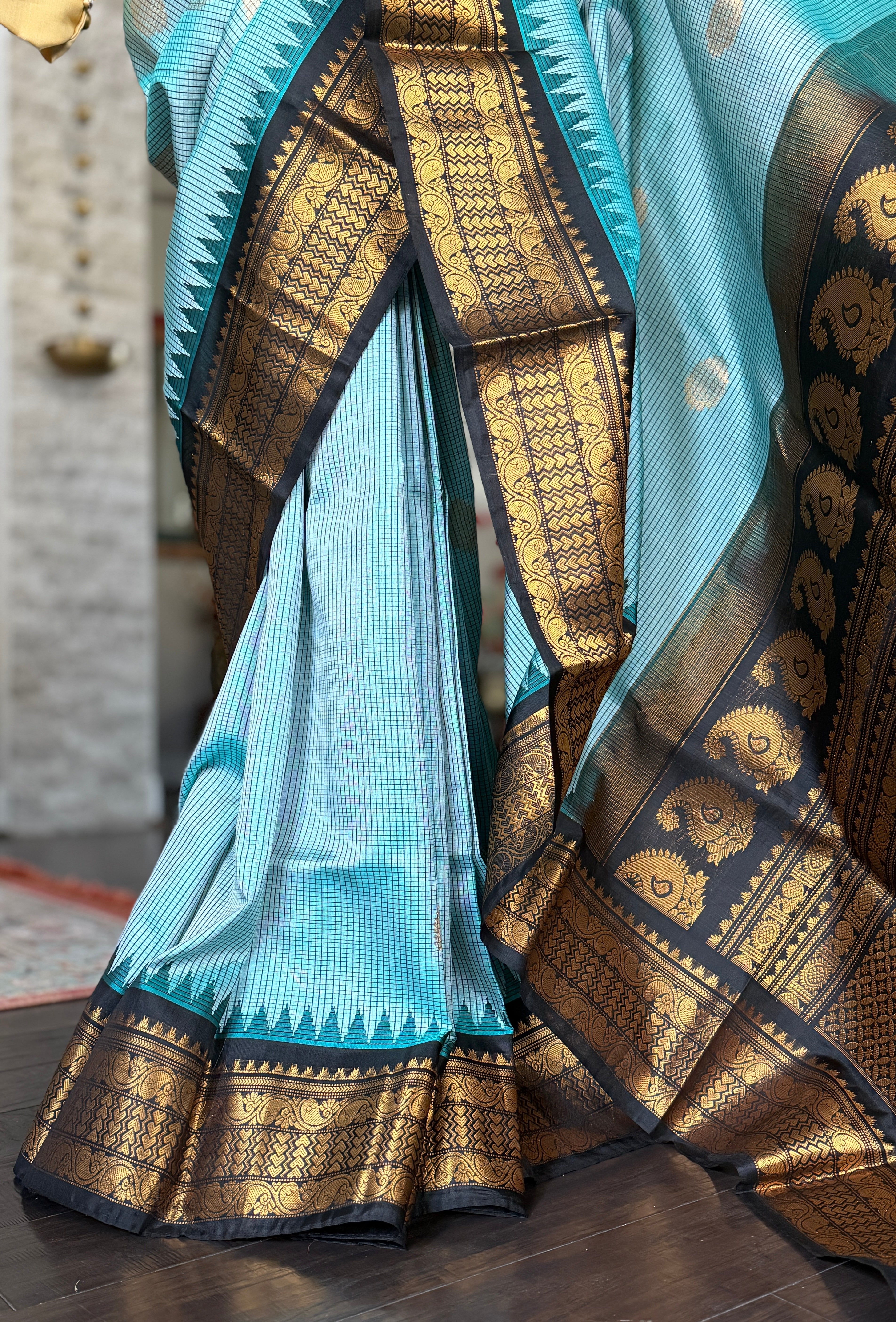 Pure Silk Gadwal - Aqua Sea Blue Black