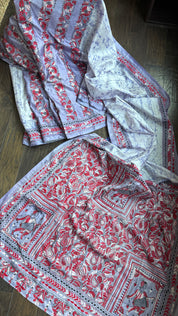 Bangalore Batik Kantha Silk -  White Violet Red Patli Pallu
