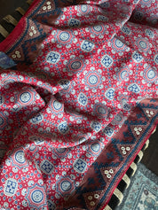 Tussar Silk Kutch Hand Embroidered - Red Blue Ajrakh