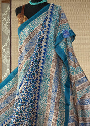 Tussar Silk - Printed Offwhite Firozi Royal Blue