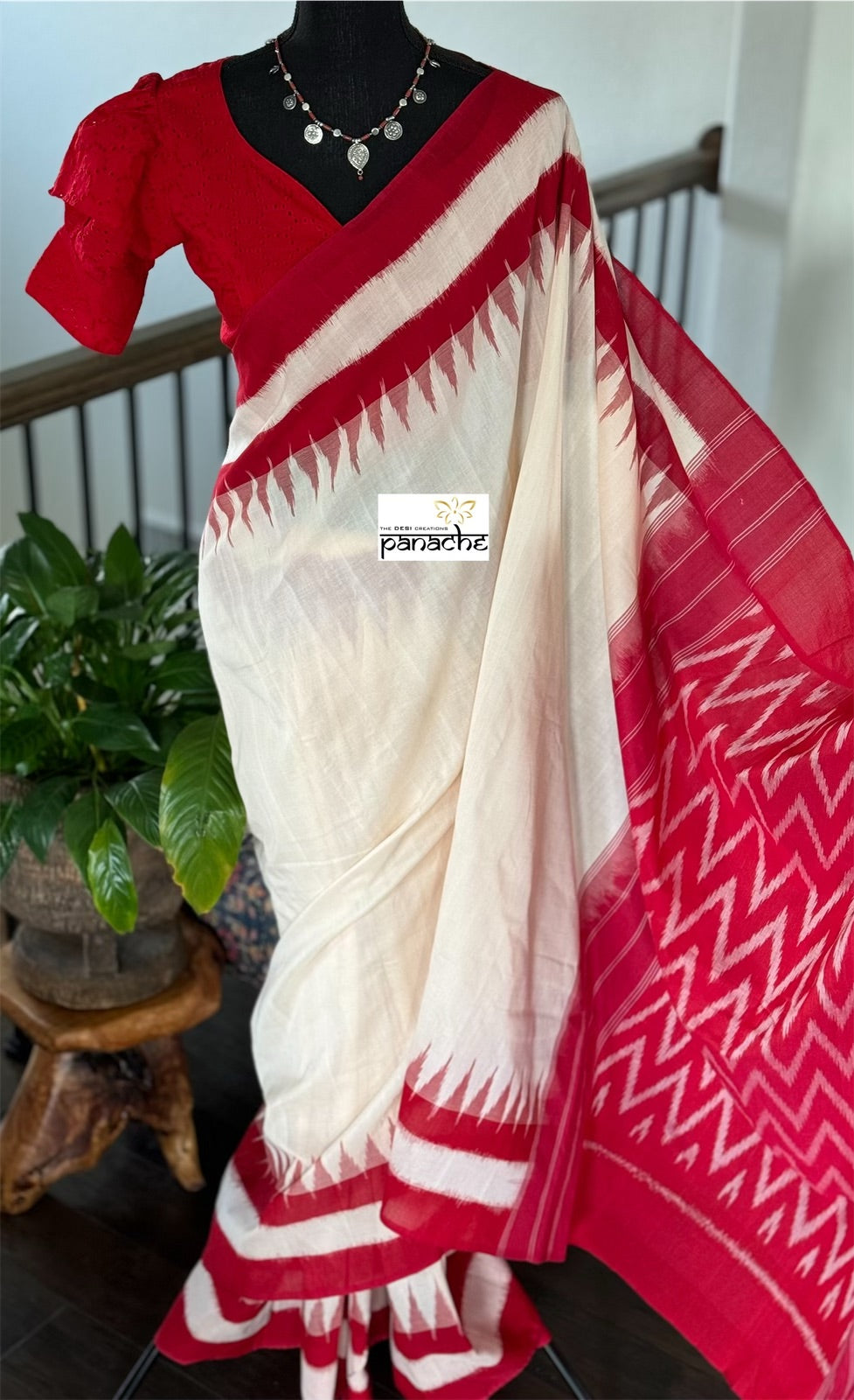 Pure Cotton Ikat - Dusty White Red Pochampolly