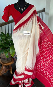 Pure Cotton Ikat - Dusty White Red Pochampolly