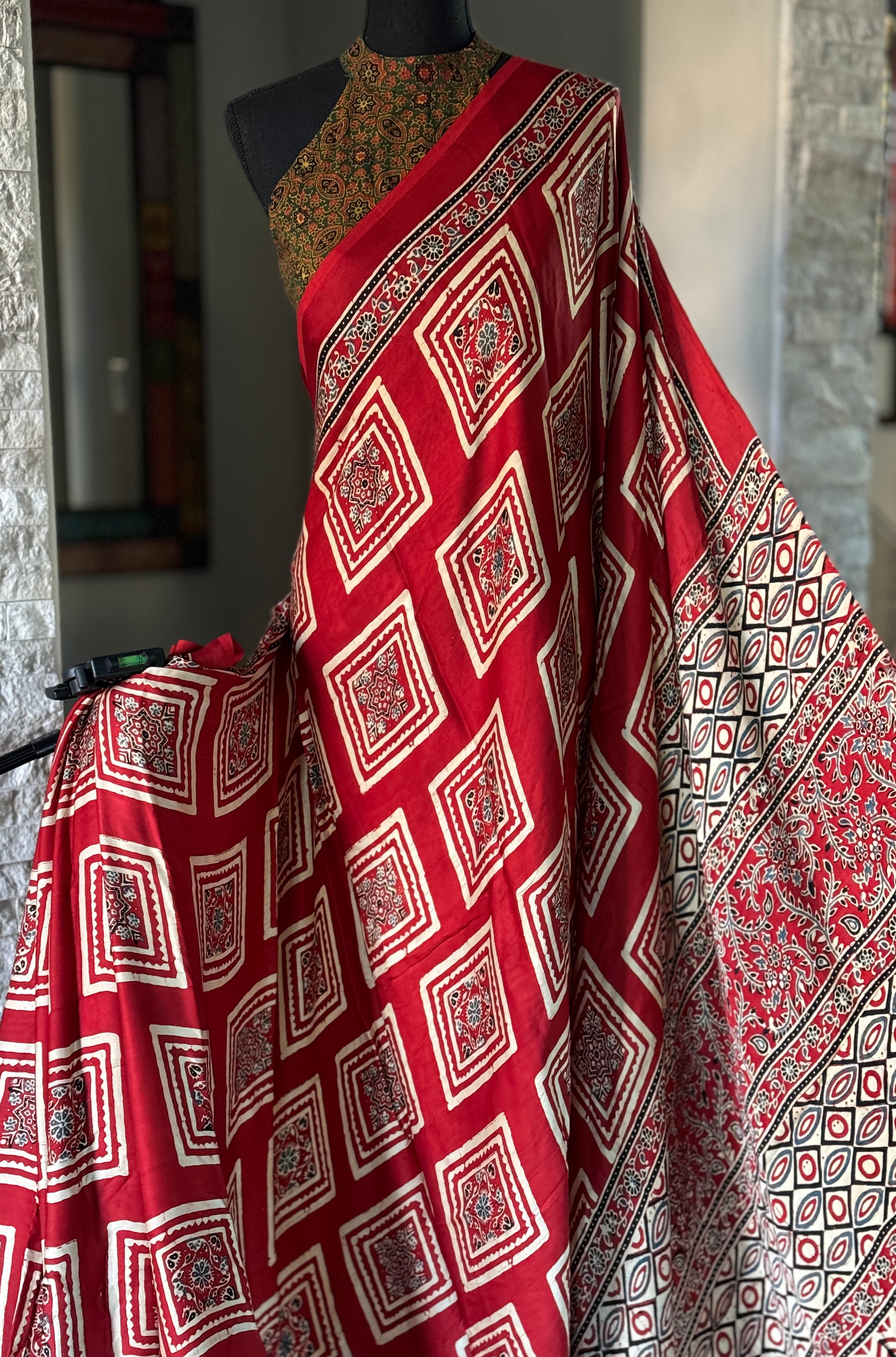 Modal Silk Ajrakh - Red Black Cream