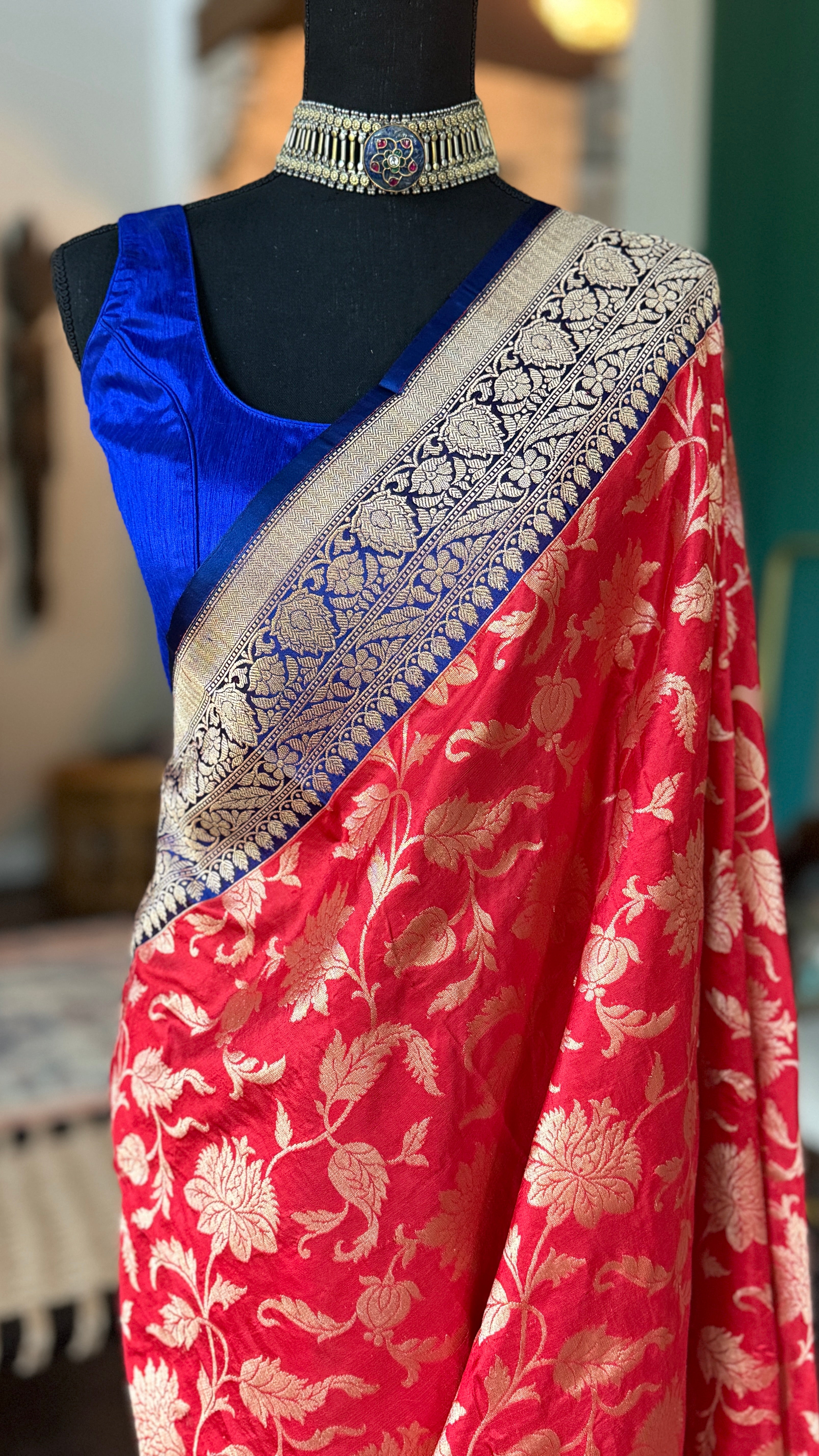 Pure Silk Banarasi - Red Blue