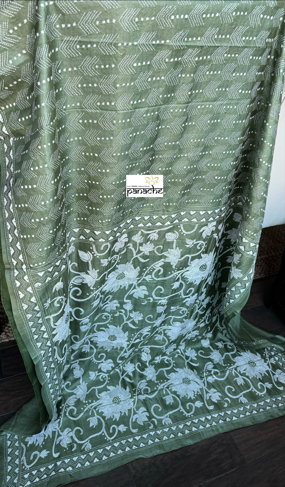 Pure Tussar Silk Kantha Stitch - Green